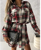 newest women long sleeve cotton shirt dress casual special design new style plaid long sleeved shirt dress for autumn and winter