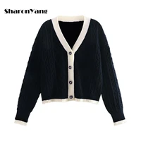 v neck knitted cardigan women cropped outerwear 2021 spring and autumn new vintage style loose sweater coat white tops