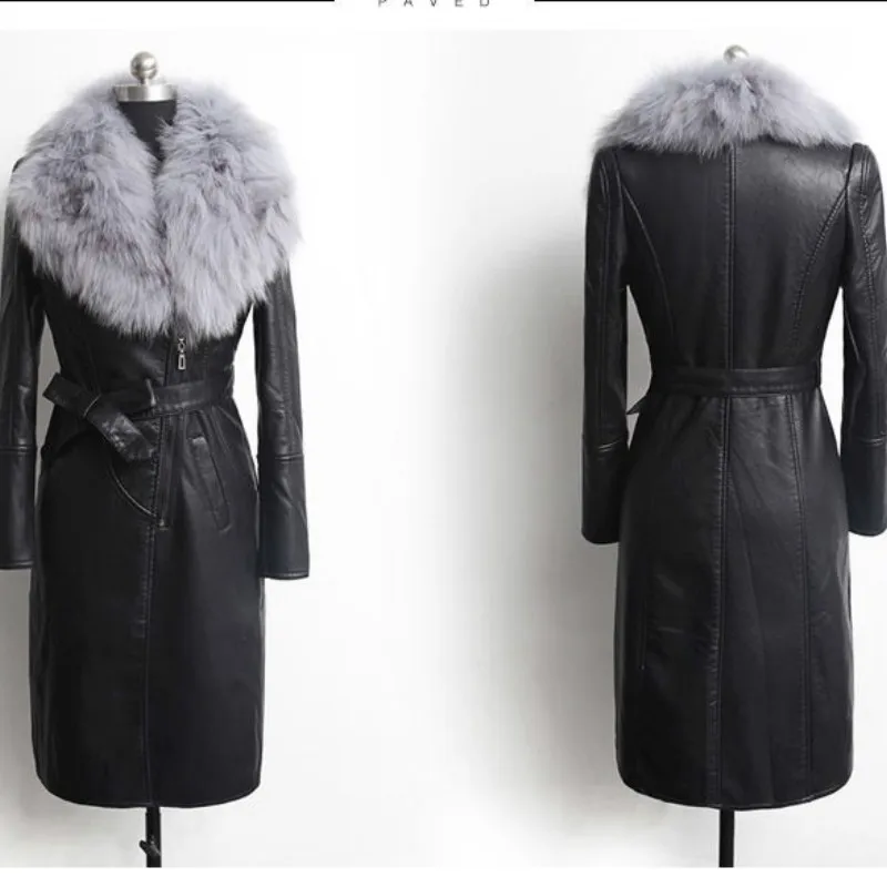 Velvet Warm Slim Big Fur Collar Long Leather Coat Female Outerwear Winter Coats Women's Leather Jacket for Winter New Plus enlarge