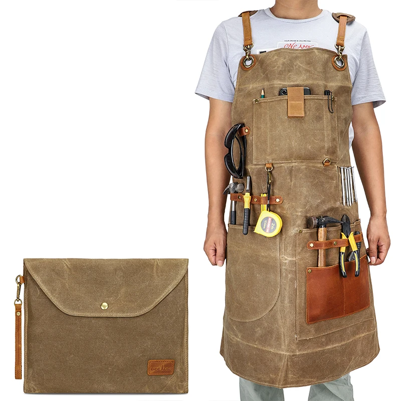 Durable Goods Heavy Duty Waxed Unisex Canvas Work Apron with Tool Pockets Cross-Back Straps Adjustable For Woodworking Painting