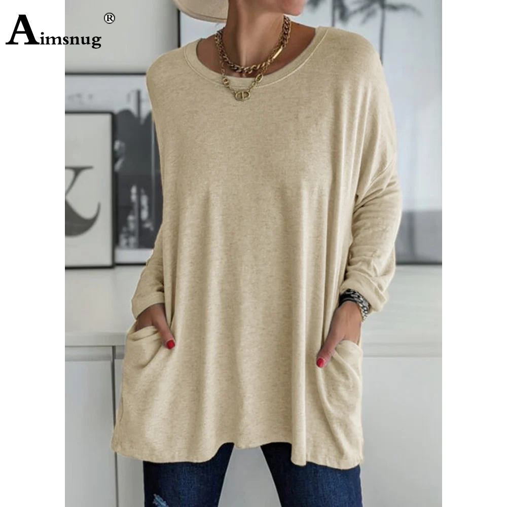2021 New Autumn Long-Sleeve Pocket Design T-shirt Women Fashion Leisure Tops Plus Size 5xl Frauen T Shirt Loose Basic Tees Shirt