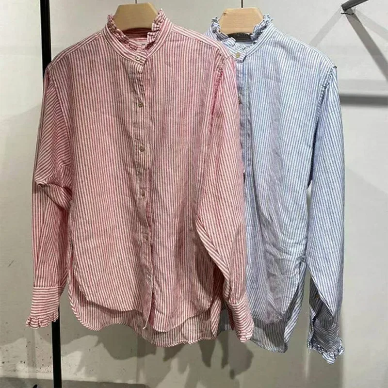 

2021 Autumn New Style Fungus Collar Button Striped Loose Ladies Top Women Shirt