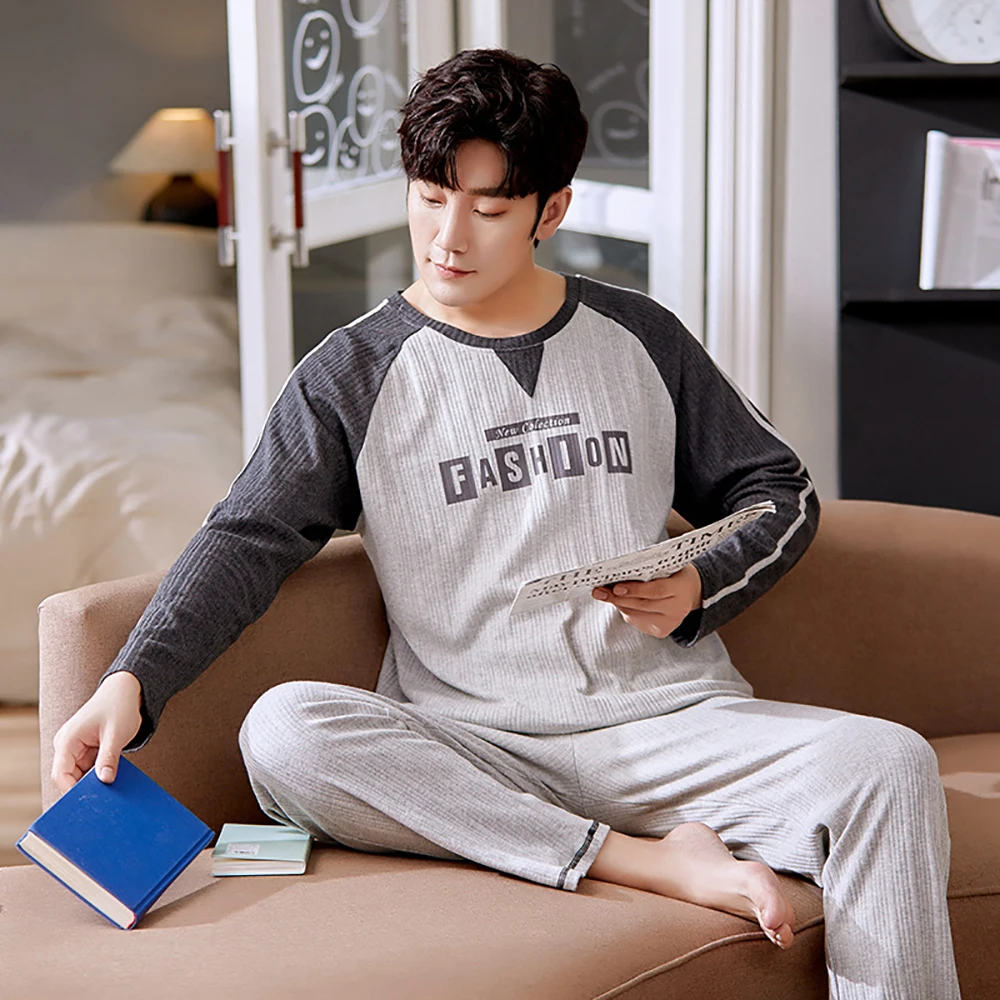 100% Cotton Men Pajama Sets Plus Size 3XL Causal Loose Long Sleeve Long Pants Letter Print Patchwork Lounge Set Male Pajamas