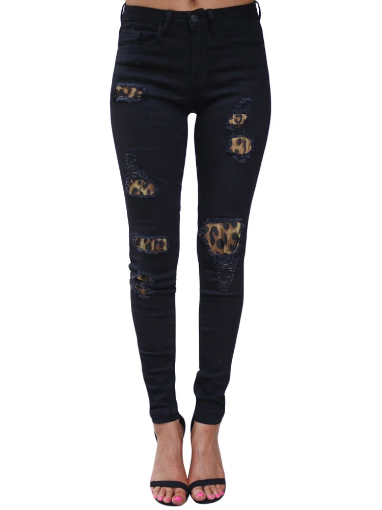 Узкие джинсы женские рваные брюки карандаш с леопардовым принтом в клетку