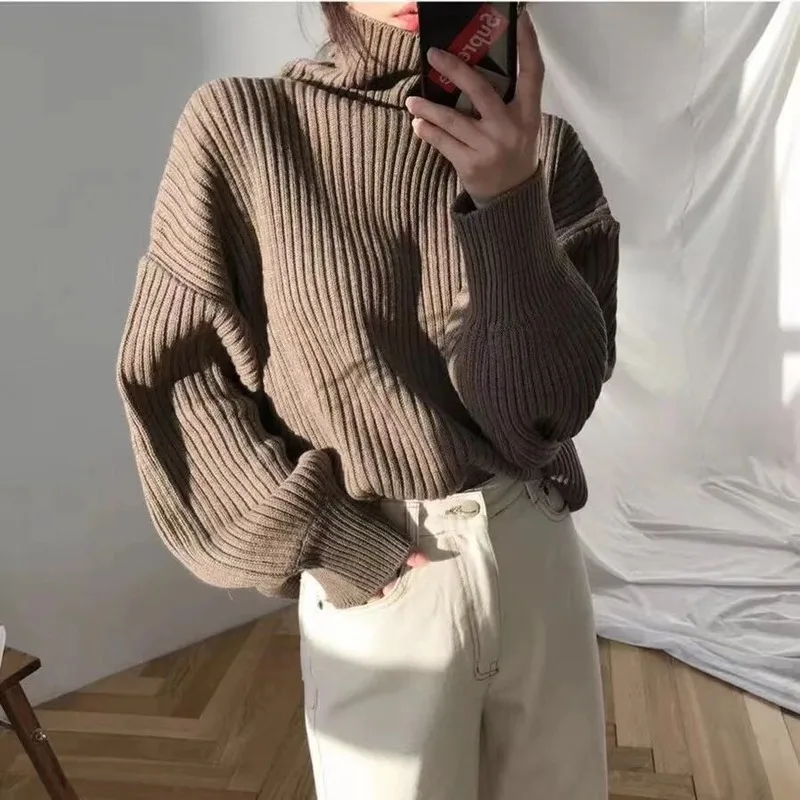 Осенний женский свитер с длинным рукавом толстый вязаный однотонный Свободный