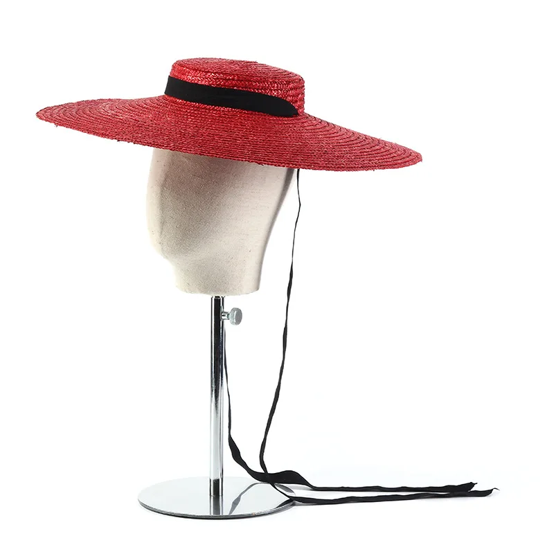 

15cm Wide Brim Straw Hat Flat Top Summer Beach Hats for Women Ribbon Boater Hat Sun Hat Gray Black Red Pink Blue With Chin Strap