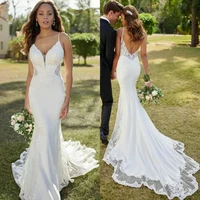 lace mermaid wedding dresses spaghetti straps sexy v neck backless appliques sleeveless button long sweep train bride gown 2021