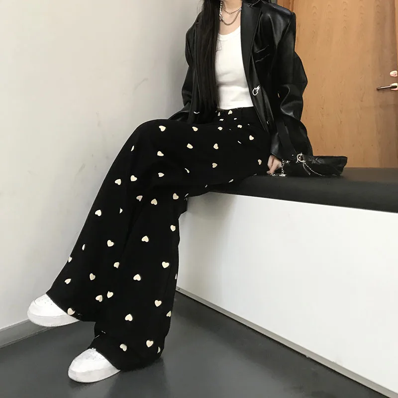

KUSAHIKI Korean Love Heart Printed Woman Pants High Waisted Elegant Long Trousers 2021 New Wide Leg Pants Mujer Pantalones 6G830