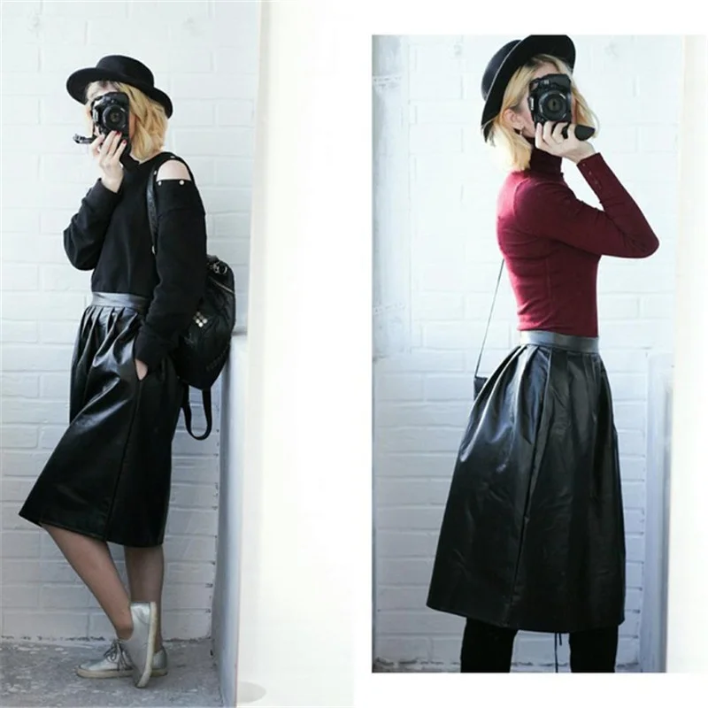 

Women Pu Leather Casual Looae High Waist Long Pleated Pockets England Lady Streetwear Casual Solid Maxi Skirt