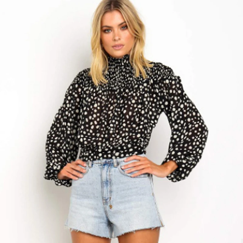

Casual Turtleneck Women Blouses Fashion Dot Printed Shirt Tops Female Jumper Print Long Sleeve Blouse Camisas Gothic Top Mujer