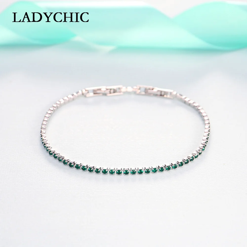 LADYCHIC синий зеленый черный 3 цвета Кристалл Тонкий теннисные браслеты для женщин девочек модные милые звенья цепи ювелирные изделия оптом LB1008