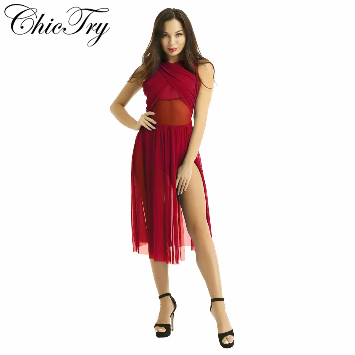 

Elegant Women Sleeveless Mesh Ballet Dance Stage Performance Dress with Built-In Leotard Ballerina Stage Lyrical Dance Costumes