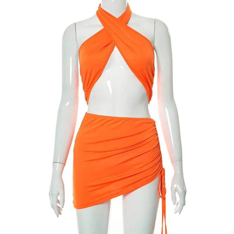 

Sibybo Two Piece Outfits For Women Summer Halter Crop Top And Drawstring Mini Skirts Suit Femme Party Club Backless Skirts Sets