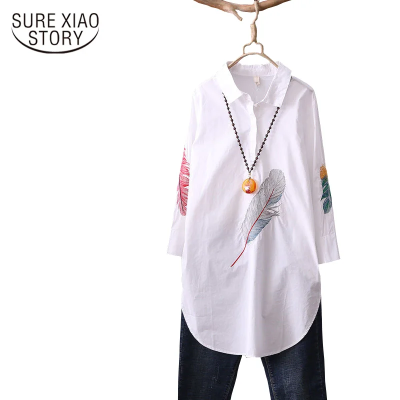 100% хлопок размера плюс белая длинная блузка с 3/4 рукавом свободные белые блузки и