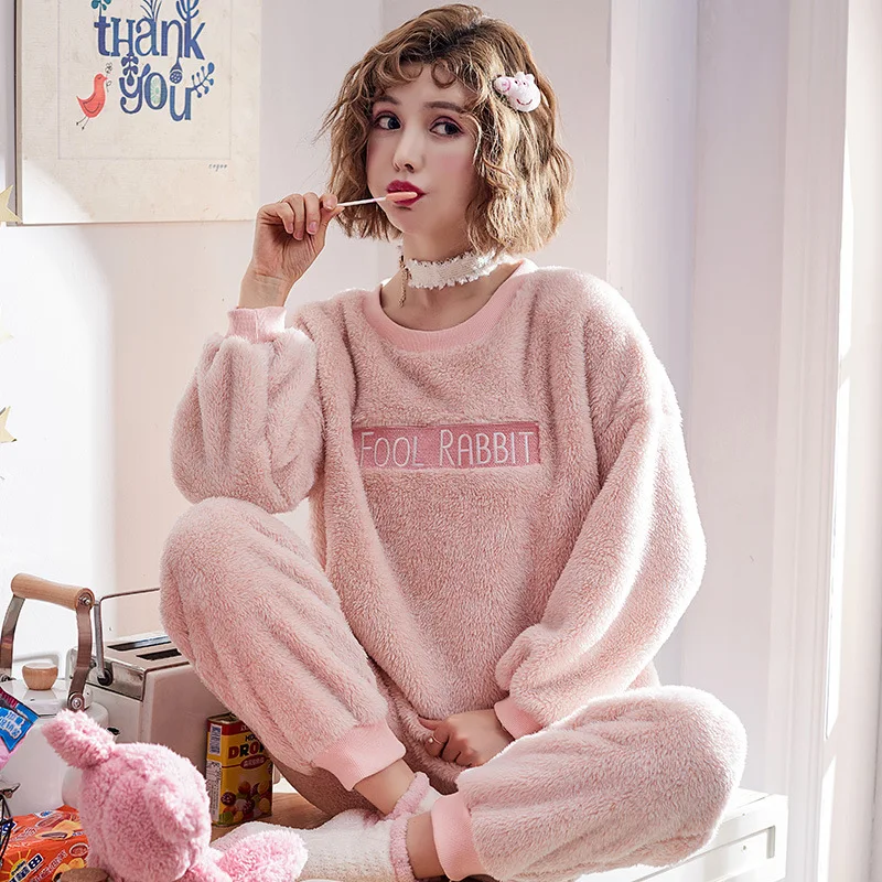 Autumn Winter Women Pajamas Sets pajamas Sleepwear Suit Thick Warm Coral Flannel nightgown Female | Женская одежда
