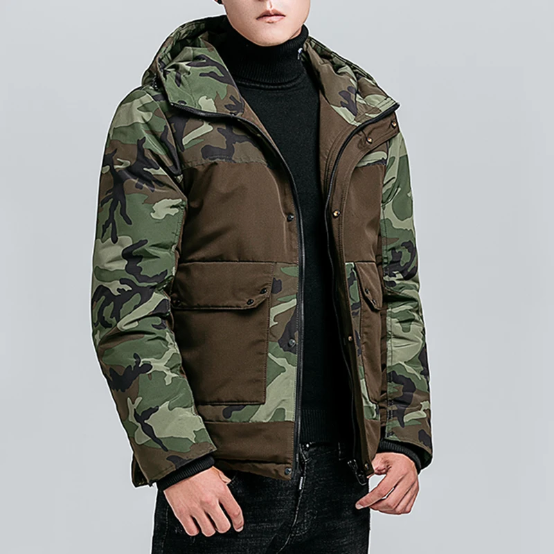 Covrlge Men Zipper Hooded Coat Parka Winter Camouflage Men's Jacket Warm Fits Big-pocket Coat Men's Clothes MWM093