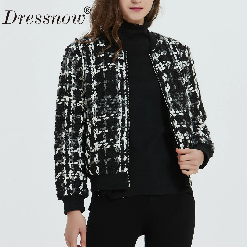 Женская шерстяная твидовая куртка-бомбер приталенная короткая куртка на осень и