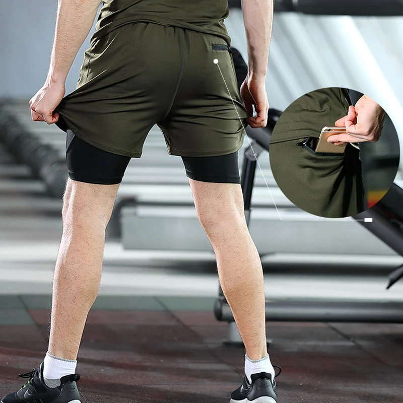 Men Running Shorts 2 in 1 Double-deck Workout Short Pants Breathable Gray Green Jogging Fitness Training Gym Sports M-3XL | Спорт и
