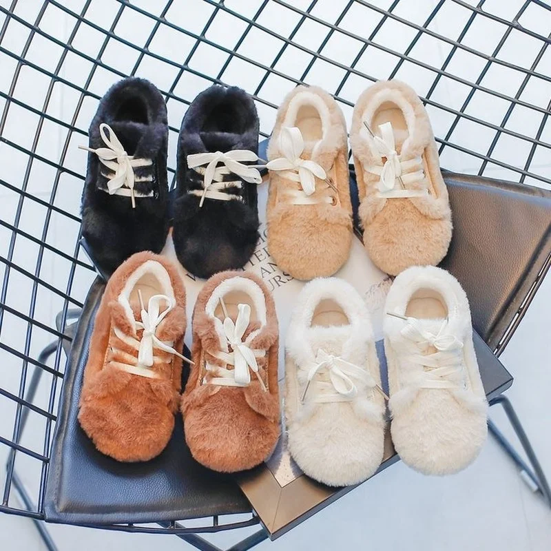 

2021 Winter Girl Shoes Boots LacUp Solid CrossTied Round Toe Fashion Sweet Low Heel Flat Fur Non Slip Warm Home Shoes