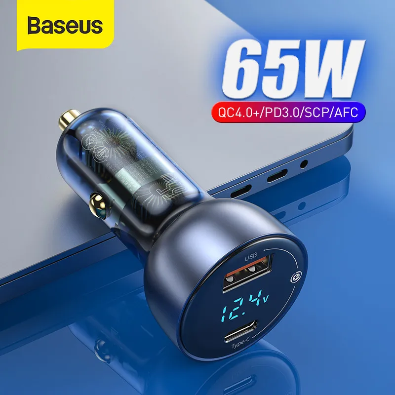 

Baseus 65W PD Car Charger QC 4.0 QC 3.0 LED Display Type-C Fast Charger Quick Charger For iPhone Xiaomi USB Phone Charger In Car