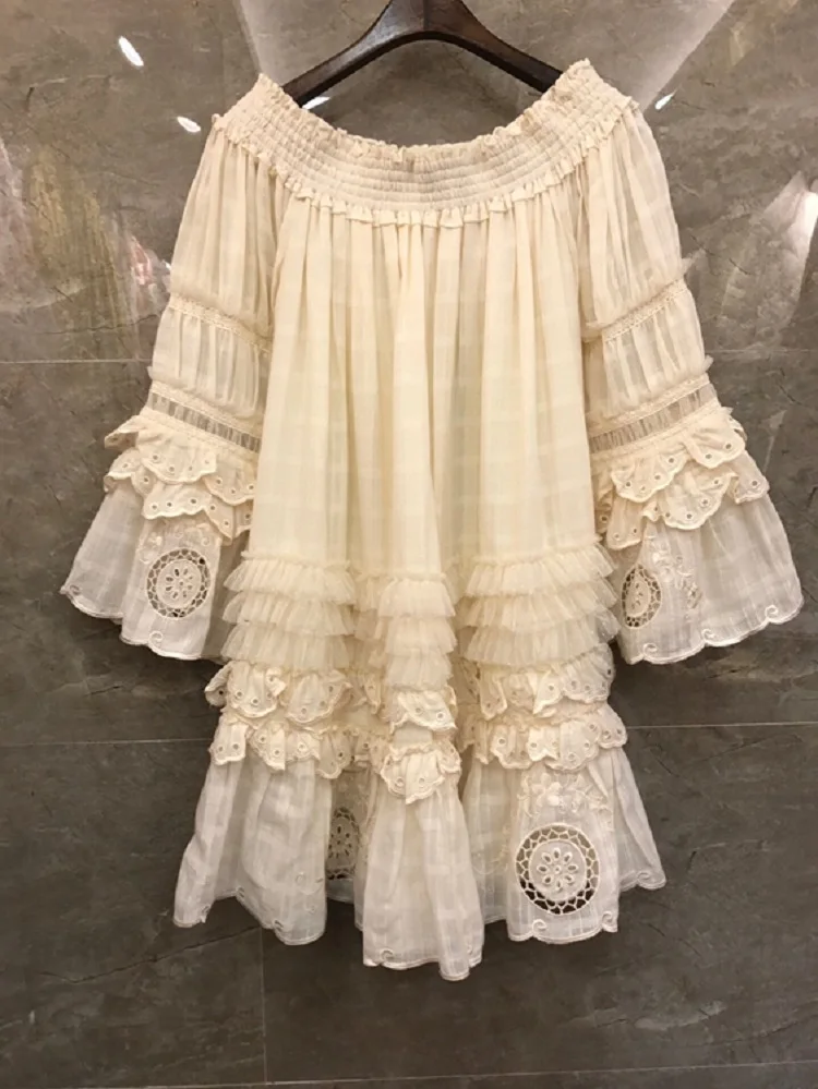 

100%Cotton Dress 2021 Spring Summer Top Quality Casual Clothing Women Sexy Cold Shoulder Ruffle Flower Embroidery Loose Dress