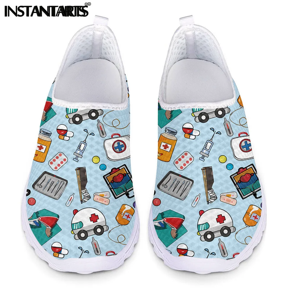 

INSTANTARTS Fashion Cartoon Hospital Medical Tools Cartoon Pattern Mesh Sneaker for Women Lightweight Slip-on Flat Shoes Loafers
