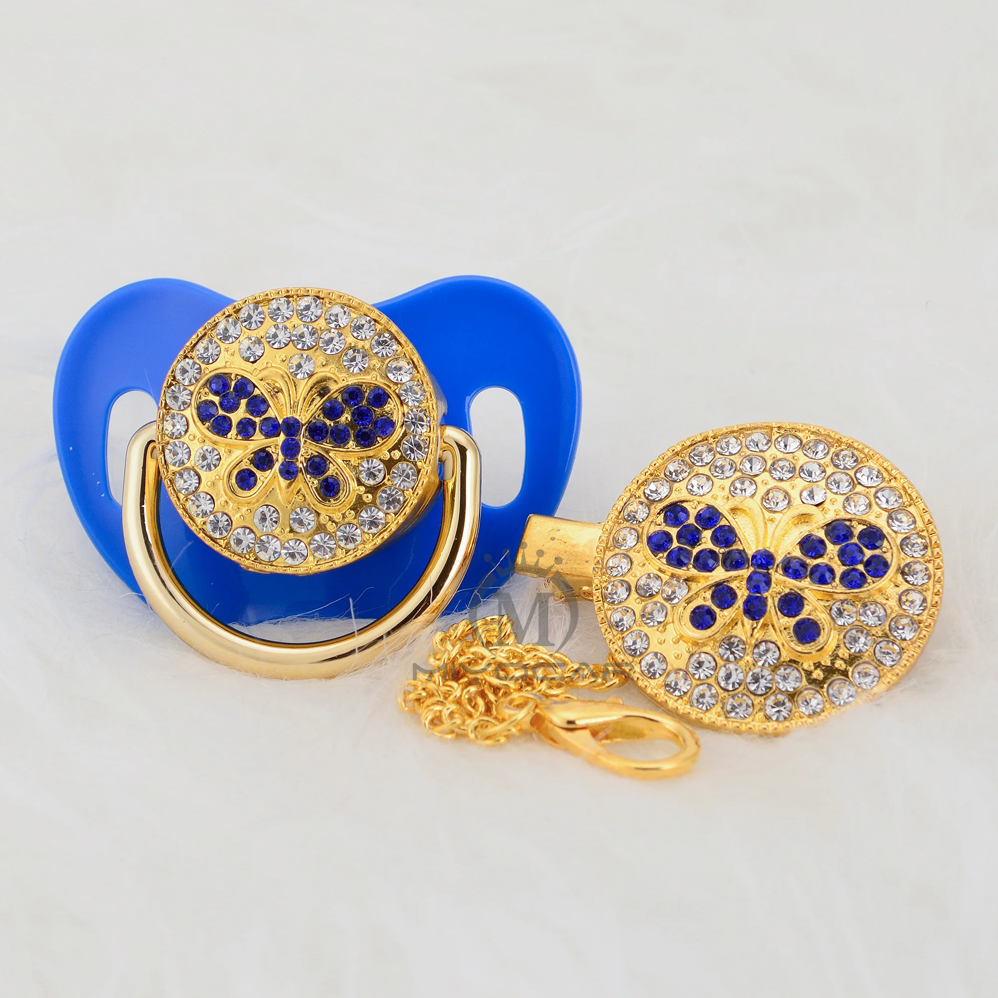 

MIYOCAR Bling blue butterfly pacifier and clip set pacifier chain holder bling butterfly pacifier unique design ABBF-1