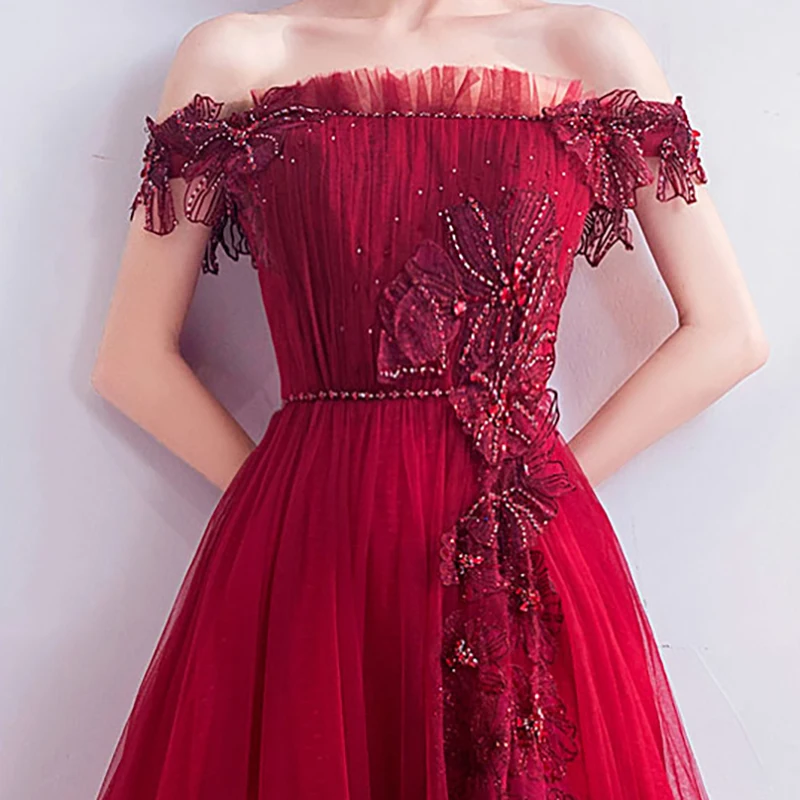 

Off The Shoulder Party Dress Illusion Lace Tulle Appliques Beading Pearls Floor-length Lace Sequined Lady Formal Dresses TS056