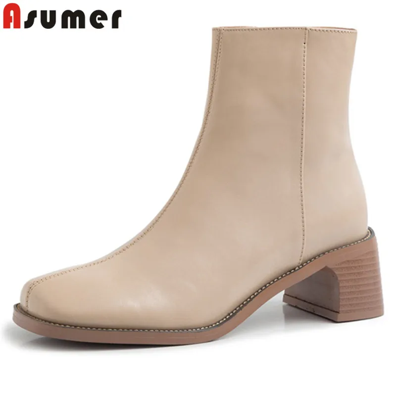 Женские ботинки на высоком квадратном каблуке из натуральной кожи|Женские