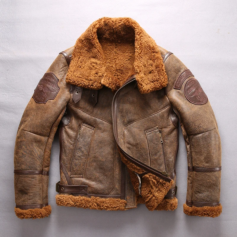 

Men's militaly B3 winter real Fur Genuine Leather jacket sheepskin Shearling flight bomber Coat men motorcycle