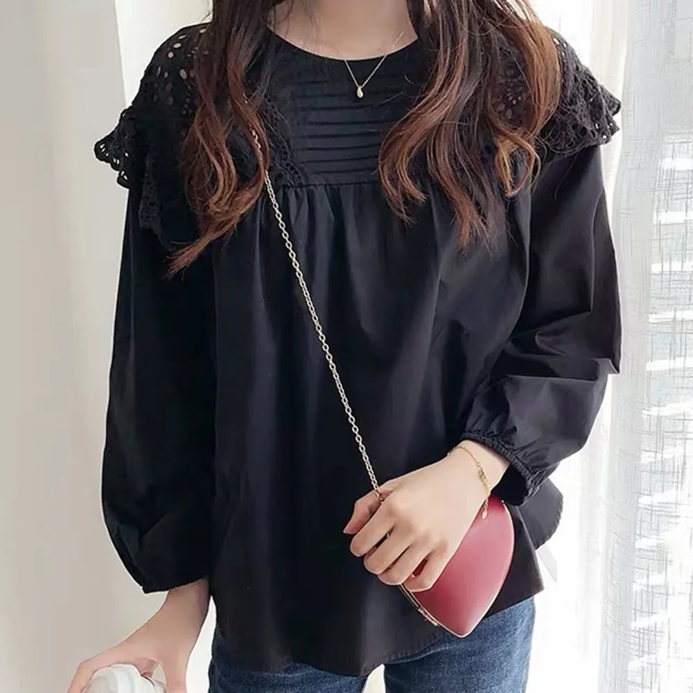 

Blouse Fashion Hollow Out Women New Splicing Pleated Round Neck Puff Sleeve Cute 2021 Autumn Casual Temperament Simplicity