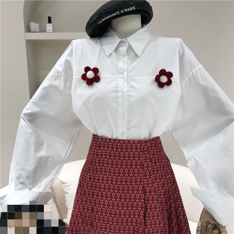 

Niche Design Spring 2021 New Three-dimensional White Long-sleeved Blouse + Jacquard Red Pleated Skirt Two-piece Set