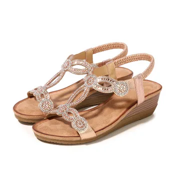 

Rhinestone Sandals 2021 Women's Suit Female Beige Summer Heels Med Clogs Wedge Large Size New Black Girls Bohemian Medium Retro