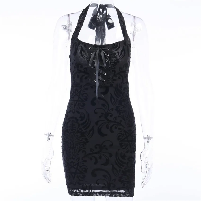 

Women Sexy Halter Dress Vintage Bow Bandage High Waist Skirt Girl Black Gothic Clothing Summer Backless Dress Party Vestidos