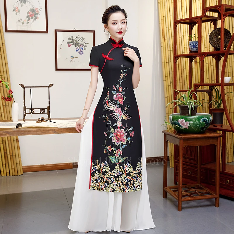 Вьетнамское женское ретро элегантное платье в китайском стиле с Фениксом