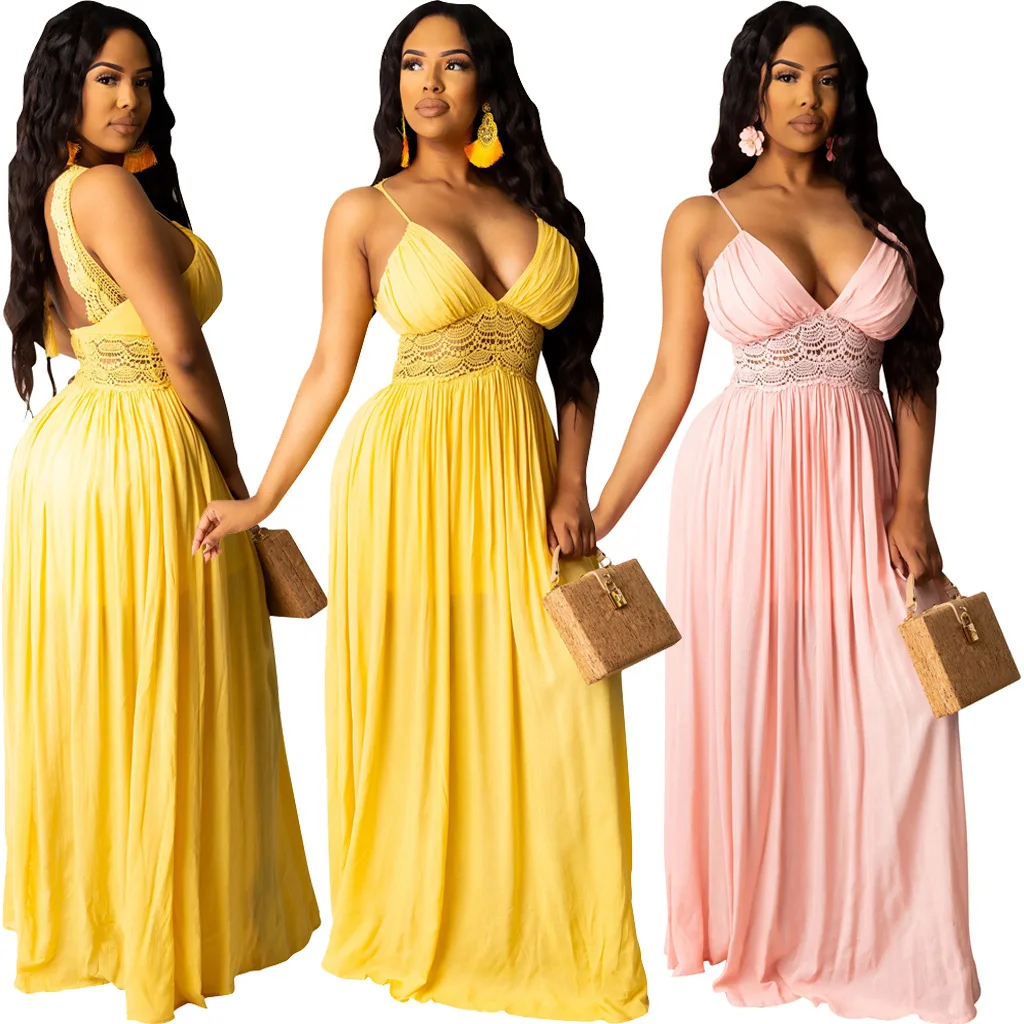 

2021 Summer Women Lace Party Dress Spaghetti Strap Elegant Lady Sleeveless Backless Sexy Long Dress