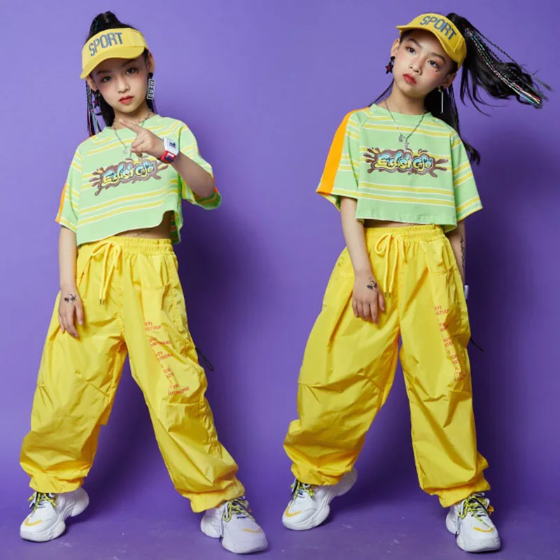 

Children'S Jazz Dance Performance Costumes Girls Short Sleeve Top Yellow Pants Hip Hop Dance Clothes For Kids Dancewear SL3235