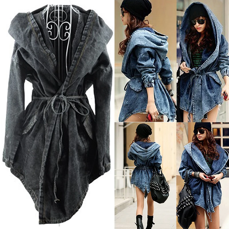 

Chaquetas Mujer 2020 Spring Autumn Women Jacket Cardigan Windbreaker Lace Up Bandage Hooded Cloak Denim Jacket Denim Belt Coats