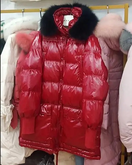 red-black fur Женская зимняя куртка с натуральным мехом енота на-30 градусов, длинный пуховик, Толстая куртка-пуховик на утином пуху, женское водонепроницаемое пуховое пальто с капюшоном - Цвет: red-black fur