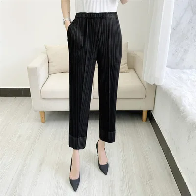 Miyake, плиссированные Модные Новые укороченные брюки, однотонный, большой размер, приталенные, городские повседневные брюки, штаны с разрезом, женские штаны