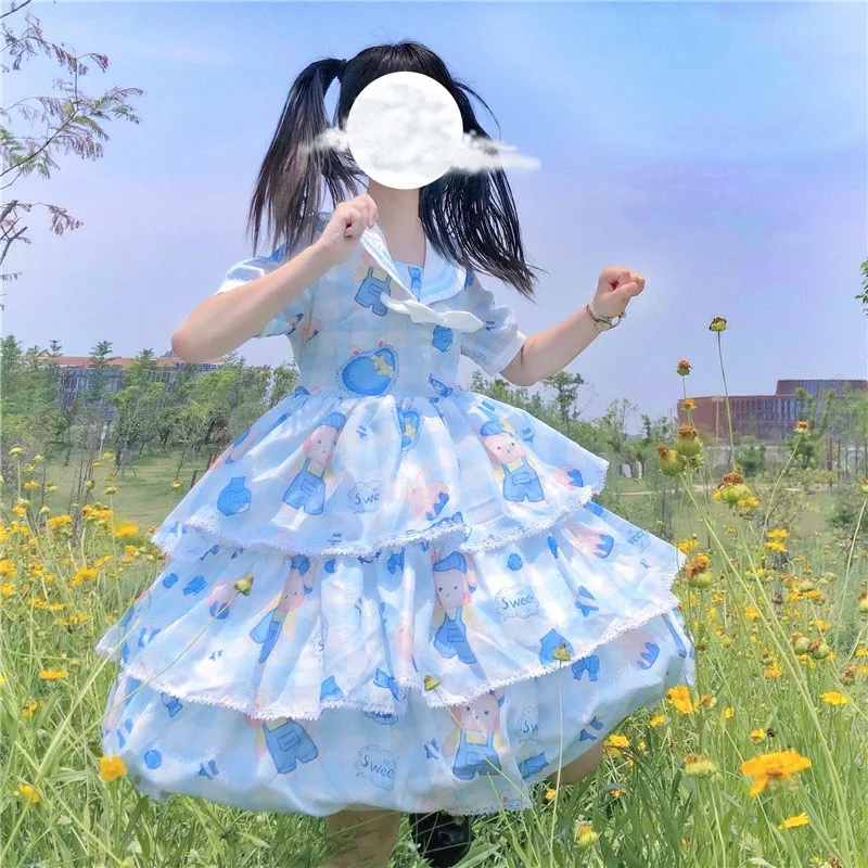

Japanese Kawaii Lolita Op Dress Women Navy Collar Bow Printing Little Bear Short Sleeve Dress Cute Princess Cake Dress 2021 New