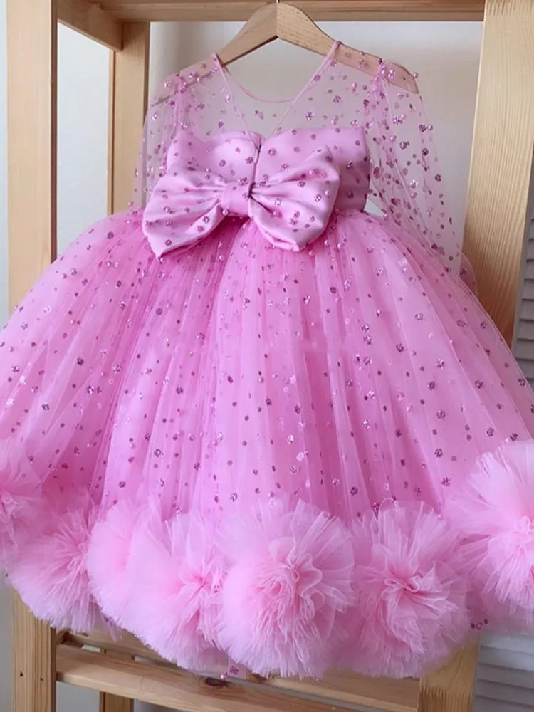 

Pink Girl's Clothes Children Long Sleeves Princess Dress First Birthday Party Dress Christmas New Year 2021