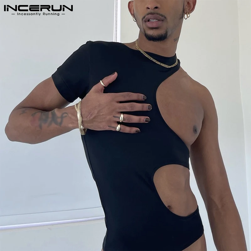 

Модные мужские комбинезоны, пижамы с круглым вырезом, однотонные сексуальные комбинезоны с коротким рукавом, нижнее белье, Ажурное боди 2022, ...