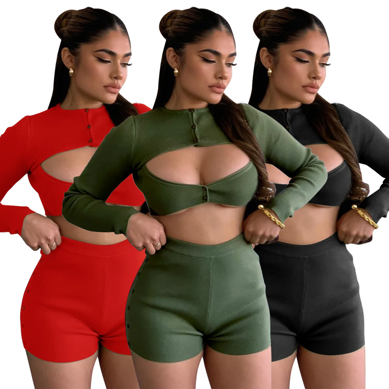 

Women Fall Clothing High Neck Full Sleeves Hollow Out Tops Skinny Short Pants Two Piece Set S-2XL Nightclub Party Real Pictures