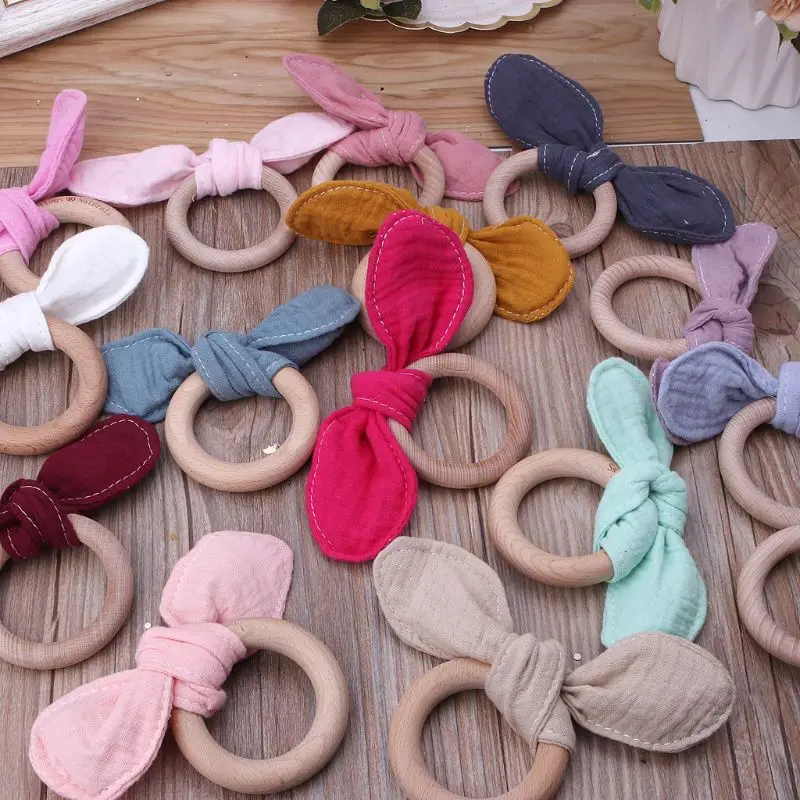 

Bunny Ear Baby Teething Ring Safe Organic Wooden Ring Newborns Toys Baby Teether