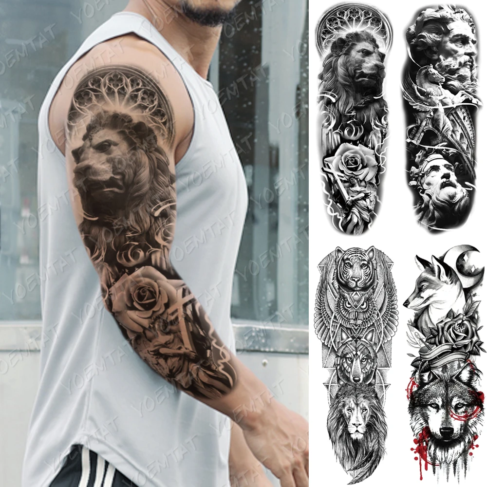 

Large Arm Sleeve Tattoo Sculpture Angel Warrior Lion Waterproof Temporary Tatto Sticker Fox Body Art Full Fake Tatoo Women Men