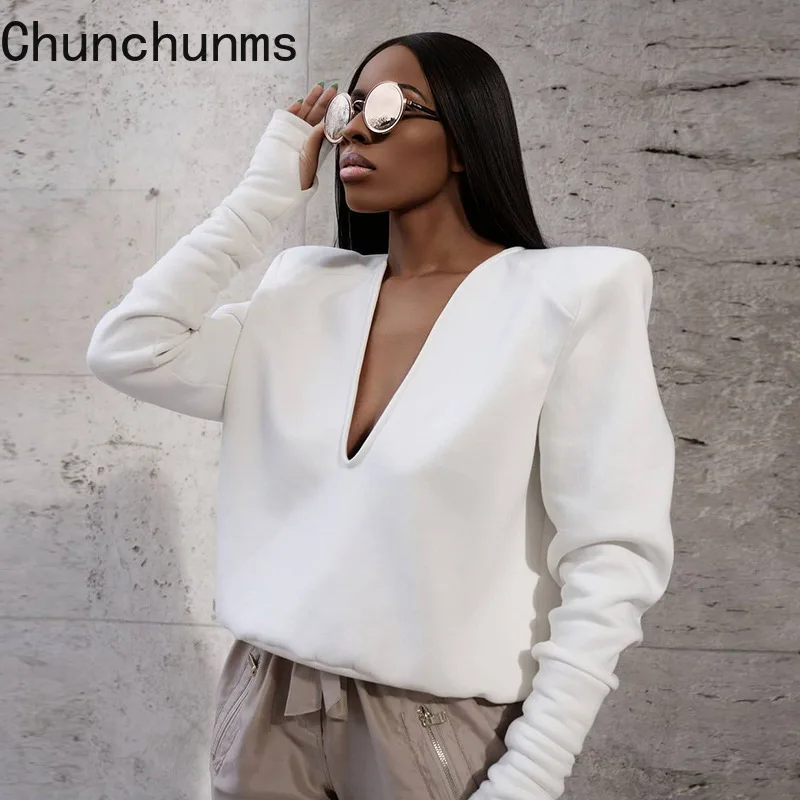 

2021 Black White Long Sleeve Loose Sweatshirts Sexy Deep-V Neck Top Women Clothing Casual Clubwear Tops Fall Fashion Streetwear