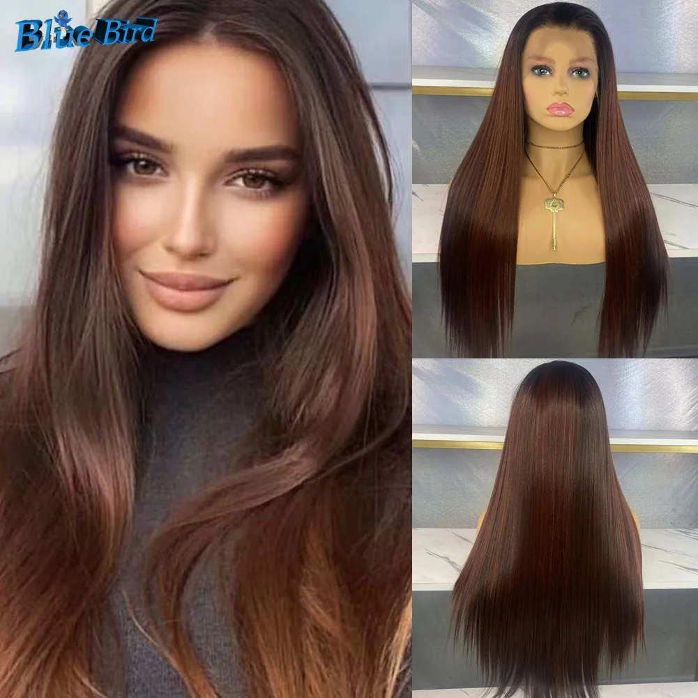 BlueBird Long Silky Straight Highlights 13x4 Futura Synthetic Lace Front Wigs Heat Resistant Ombre Synthetic Hair Wig Dark Roots