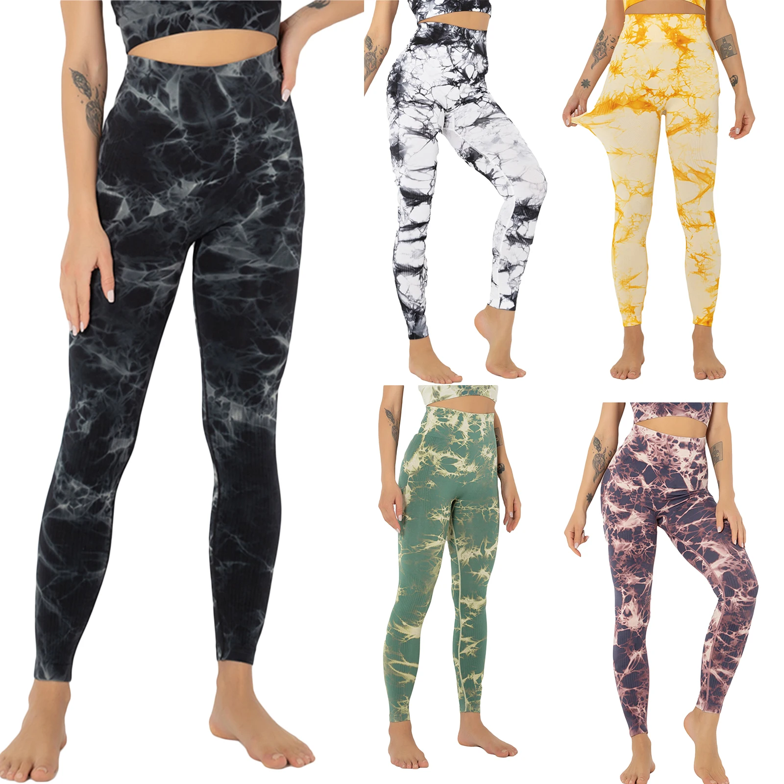 Women Fitness Running Yoga Pants with Tie-dye Printing Gym Tights Elastic Wide Waist Skinny Fit Clothing Female Push Up Leggins