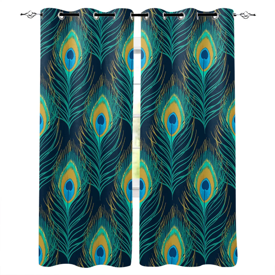 Павлин перо Цянь комната занавески большие окна темная гостиная на открытом